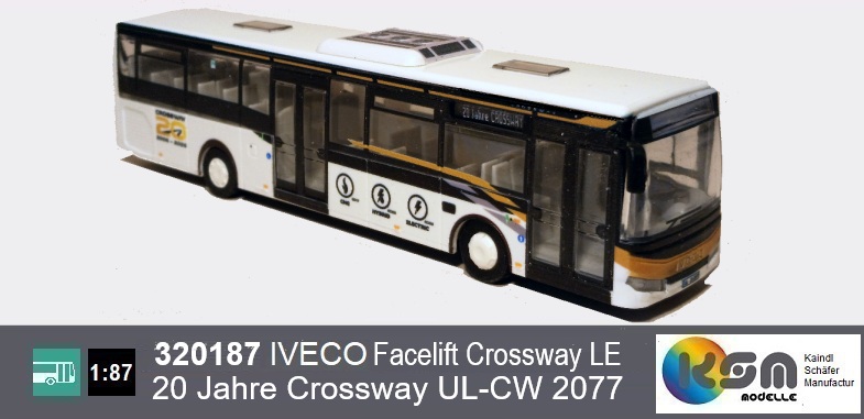 320187 - IVECO Facelift Crossway LE  weiss - Vorführer 20 JAHRE CROSSWAY UL-CW 2077 - Linienbus, public bus, bus public, autobus, Modellbus - Scale 1:87